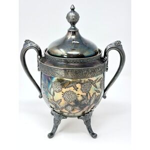 Reed and Barton Silver Plate Aesthetic Movement Bird Floral Sugar Bowl 9"